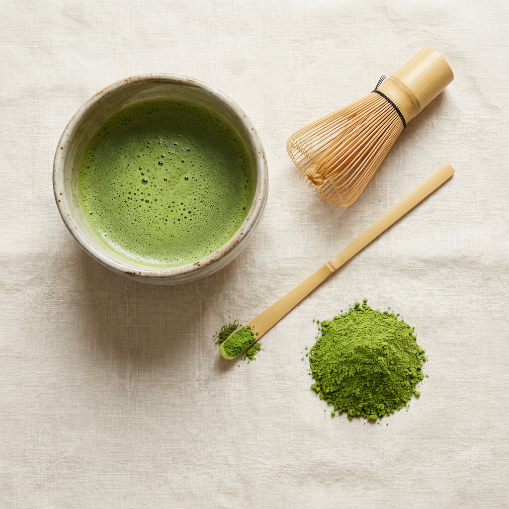 Caféine du matcha : bol, fouet et poudre