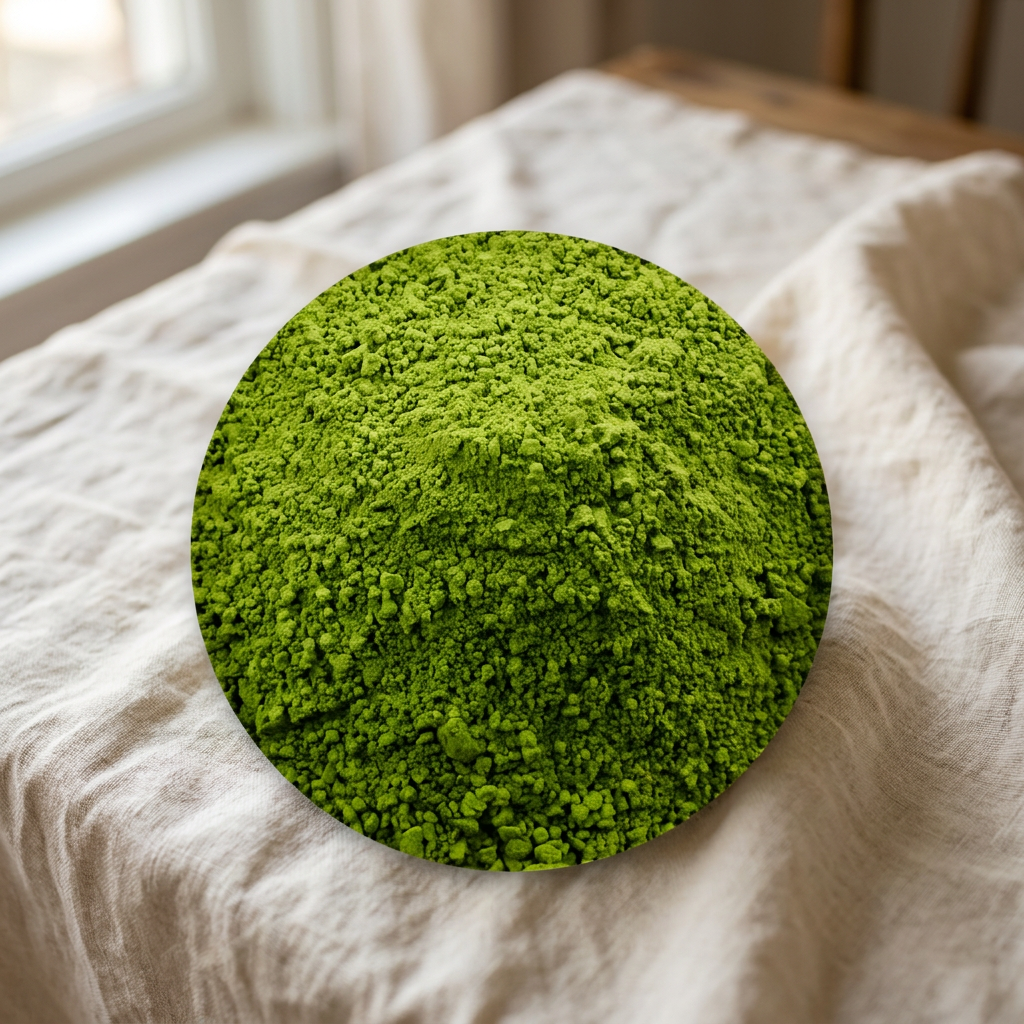 Matcha Taishan bio — poudre verte sur linge crème