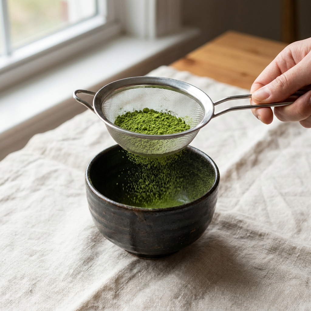 Tamisage du matcha dans le bol